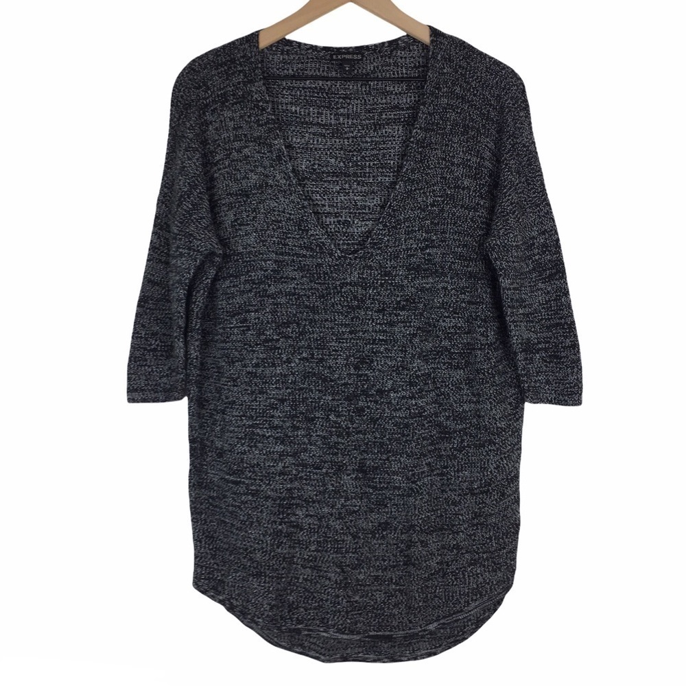 EXPRESS Sweater Tunic Plunge V Neck 3/4 Sleeves Oversized Fit Minimalist Small